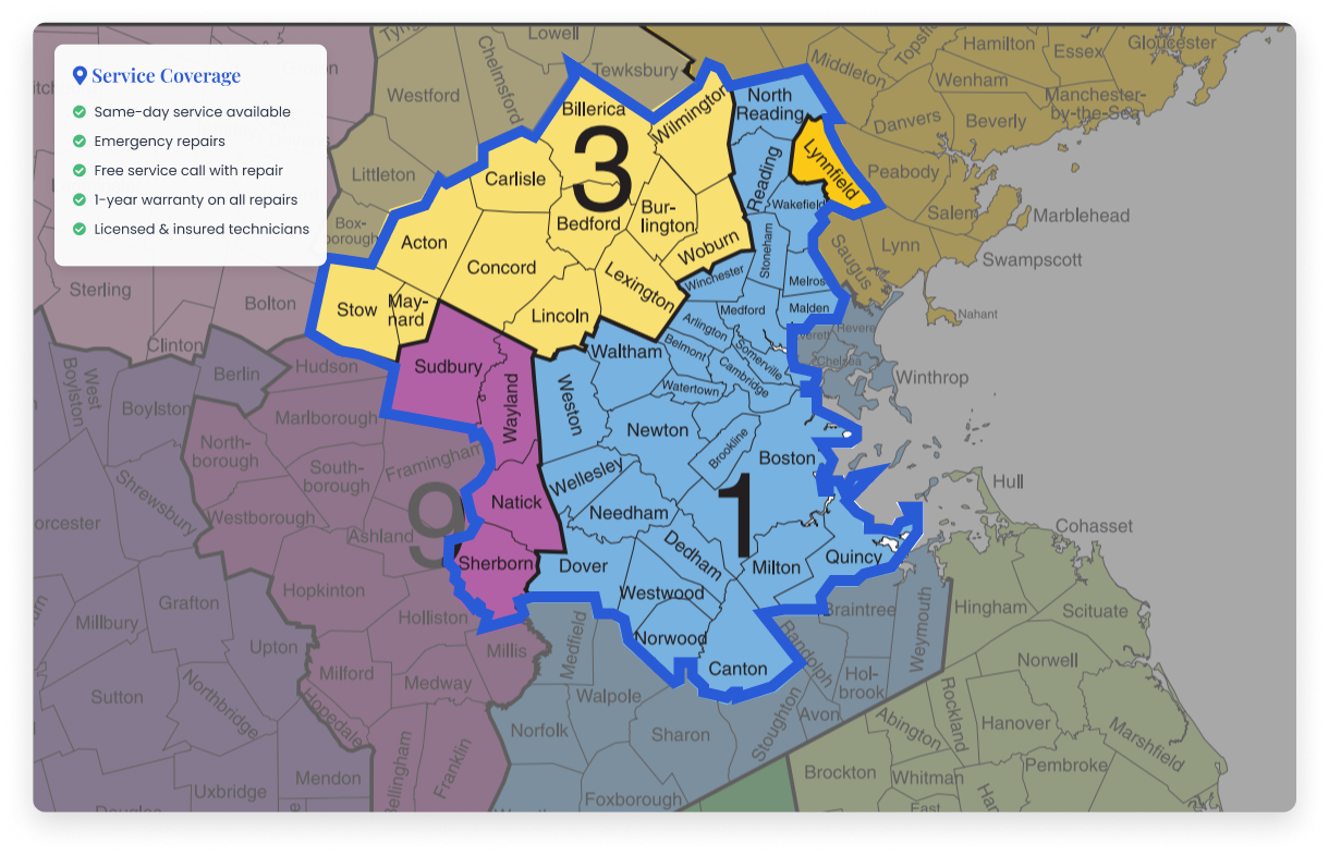 Map of the Greater Boston area we serve